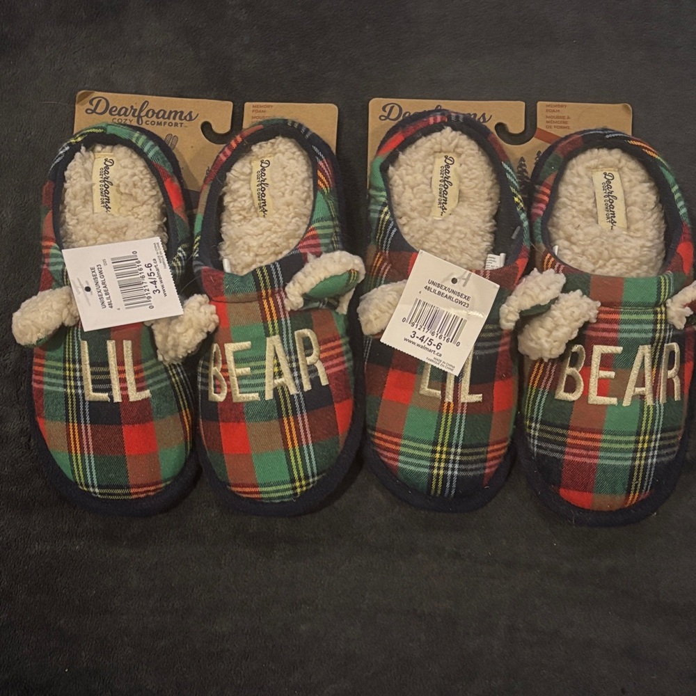 dearfoams Plaid 'Lil Bear' Sherpa Slippers - Red, Green, Black